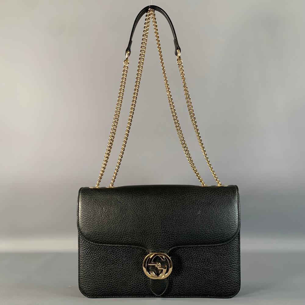 GUCCI Black Gold Pebble Grain Leather Cross Body Shoulder Handbag